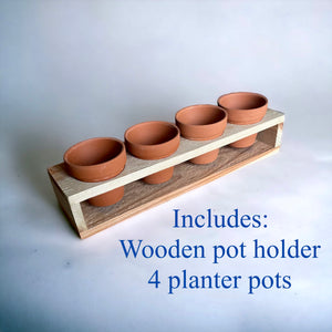 Herb Garden Planter Set with Wood Holder & 4 Pots, Indoor Outdoor Herb Garden