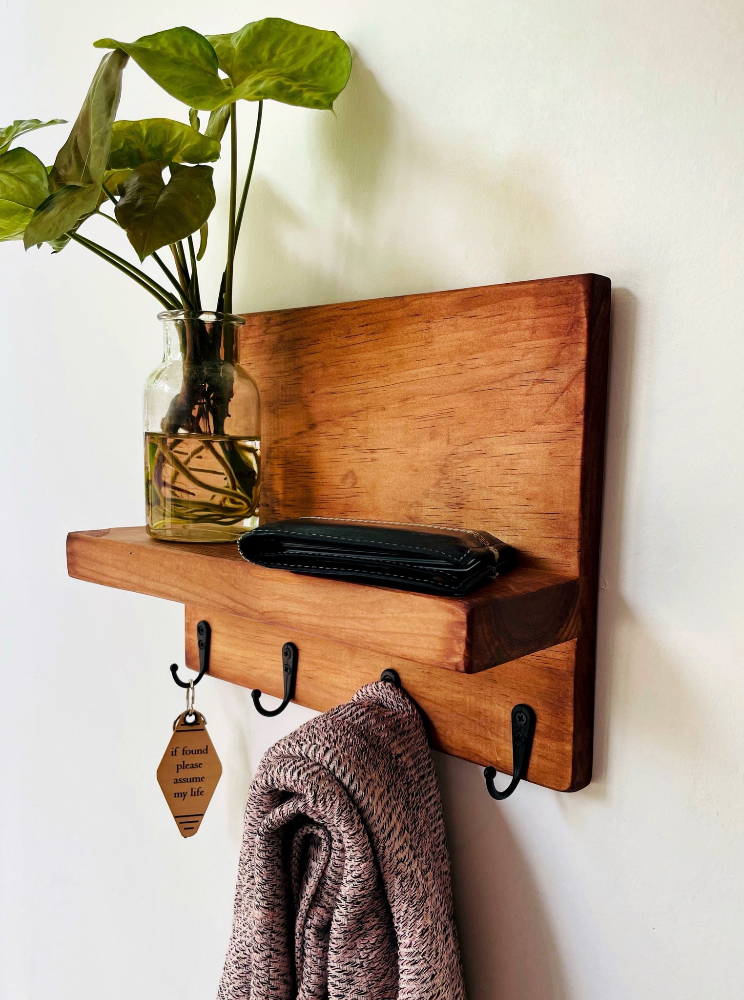 Small Entryway Wooden Shelf Unit With Hooks Plant Shelves Key Holder for  Wall With Shelf Small Wood Display Shelf Succulent Shelf 