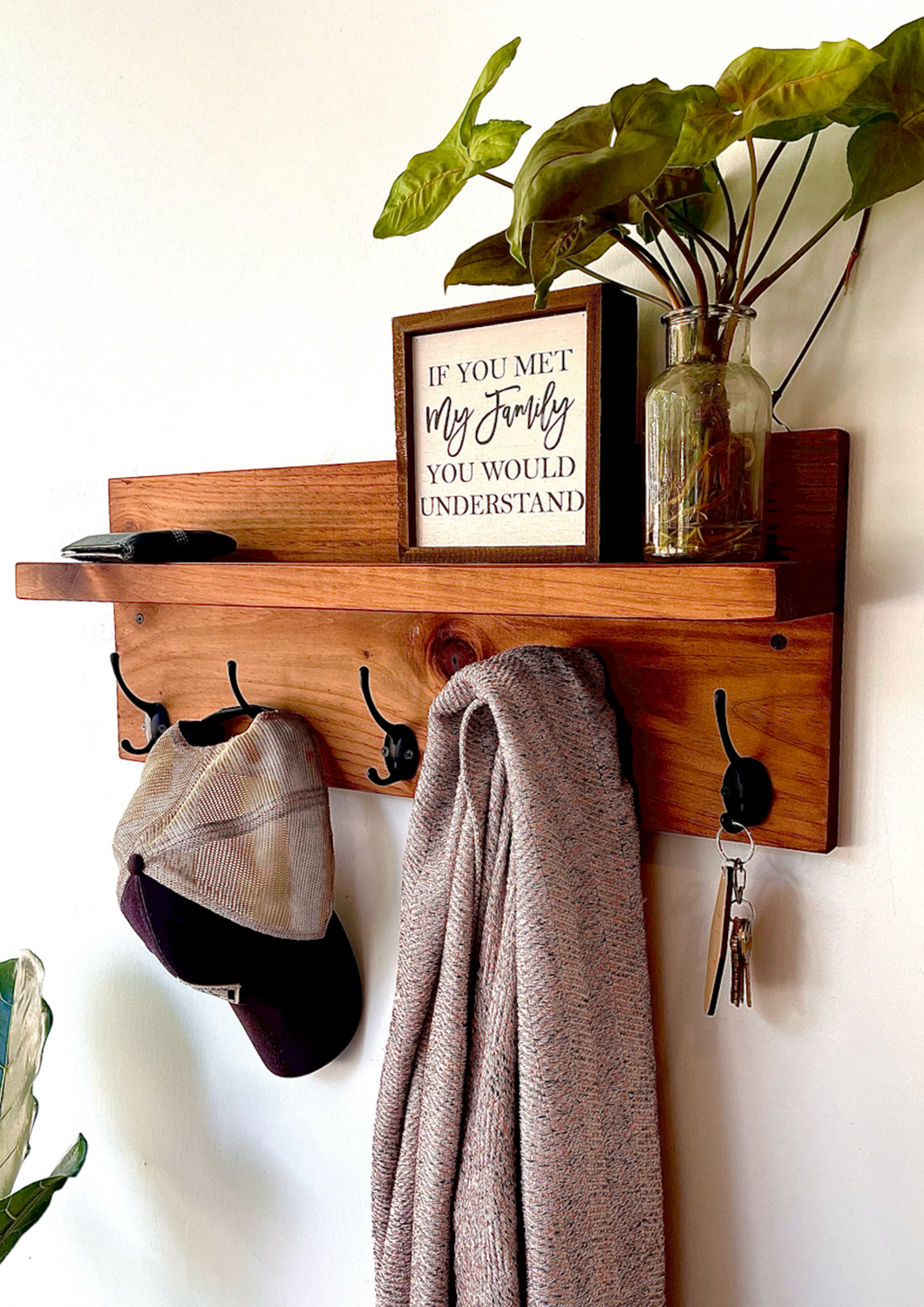 Wood Coat Hook Rack, Entryway Key Hook Shelf | Rustic | Modern | Farmhouse