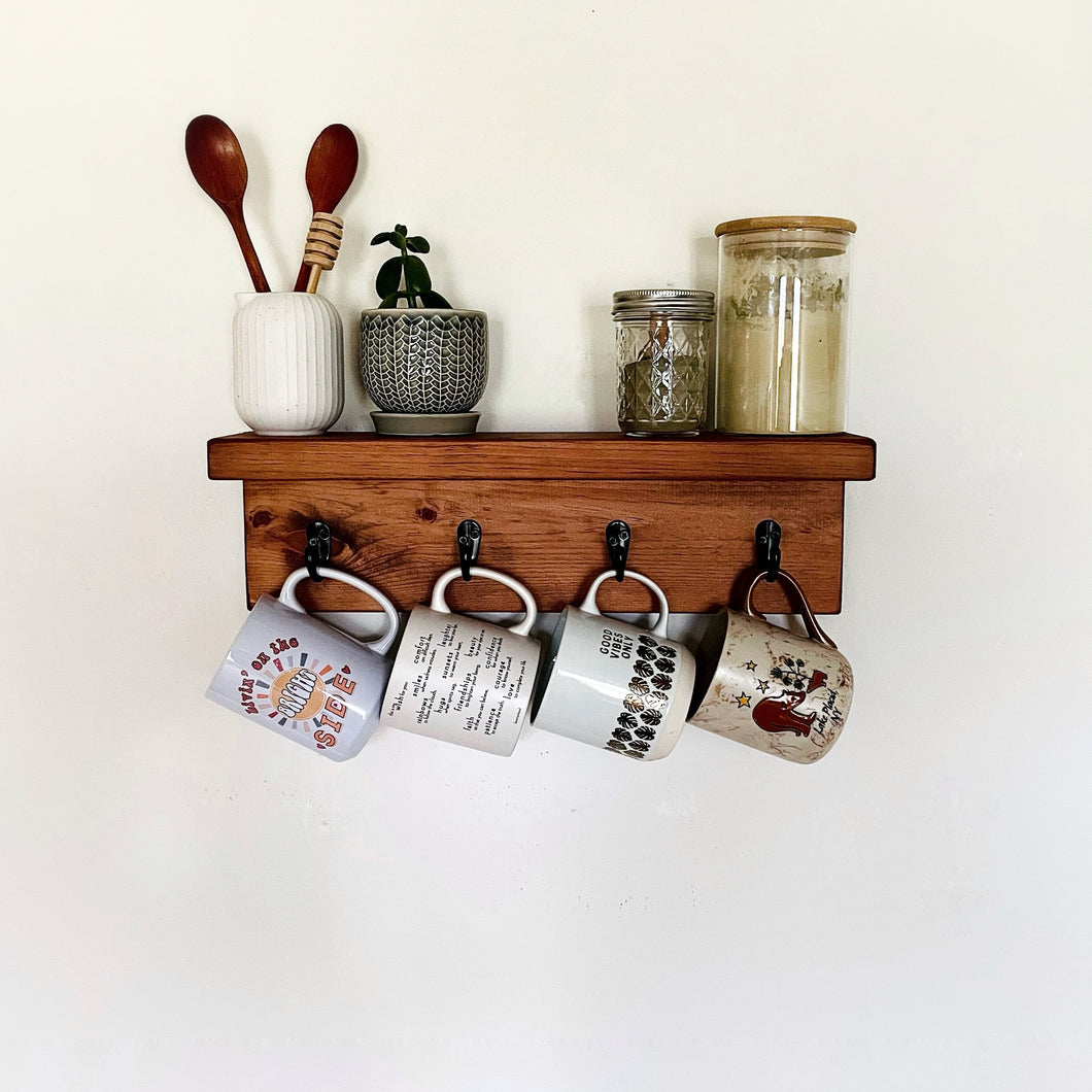 Coffee Mug Holder with Shelf, 4 cup | Wall Mounted Mug Shelf with Hooks