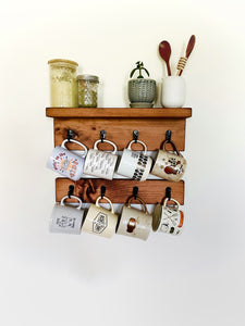 Coffee Mug Holder with Shelf, 8 cup | Wall Mounted Mug Display with Hooks, 2 Piece