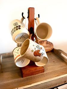 Wood Mug Tree Stand for 6 Coffee Cups Vintage Brown Wooden Coffee Cup Rack  Two Tone Wood Counter Rack 