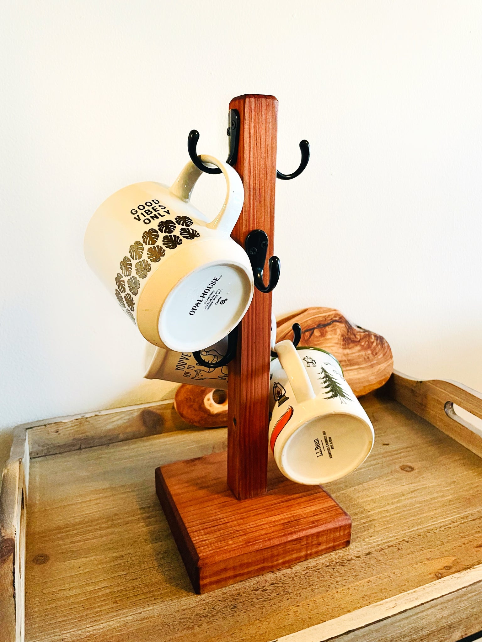 Timber Mug Rack Coffee Mug Tree with 6 Hooks | Wood Mug Stand | Countertop Mug Rack ...