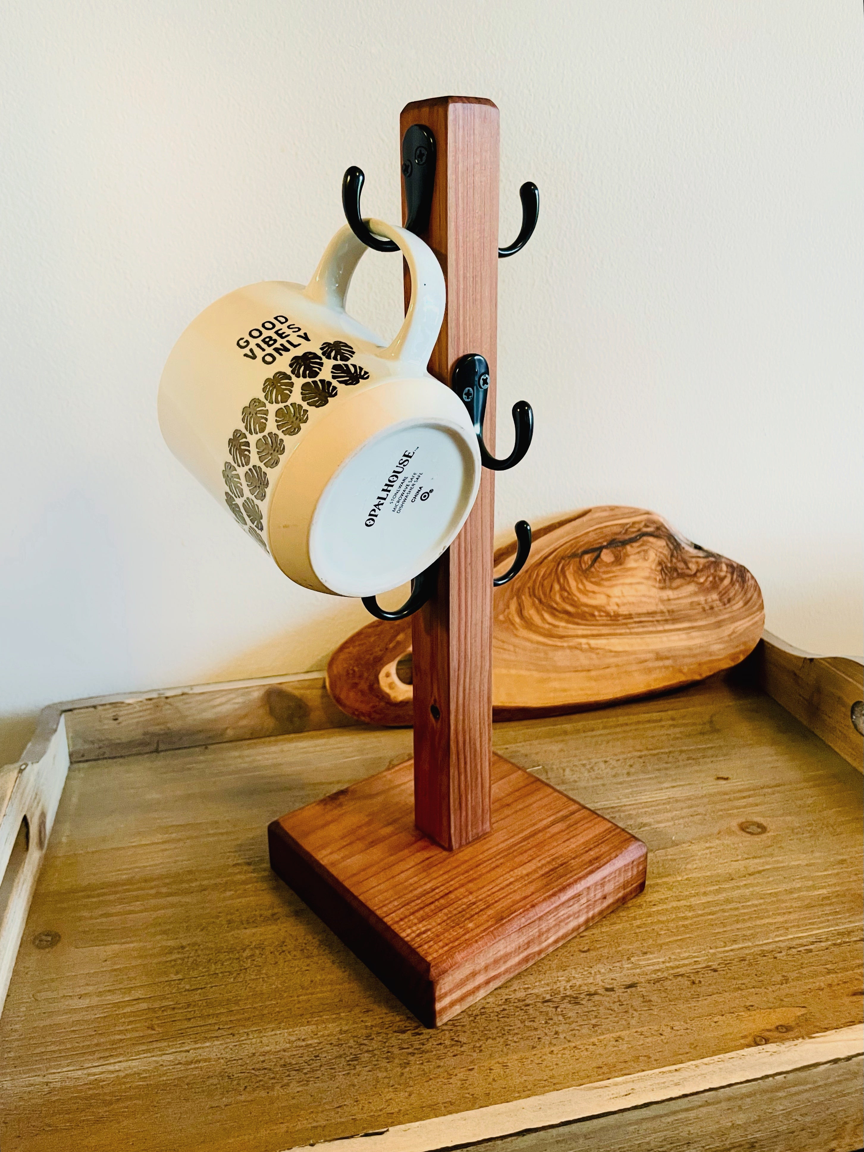 Timber Mug Rack Coffee Mug Tree with 6 Hooks | Wood Mug Stand | Countertop Mug Rack ...